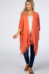Coral Crochet Detail Open Front Fringe Maternity Cover Up