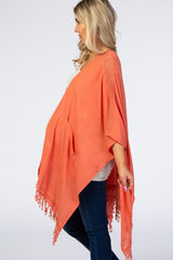 Coral Crochet Detail Open Front Fringe Maternity Cover Up