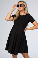 Black Short Sleeve Front Pleat Maternity Dress
