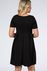 Black Short Sleeve Front Pleat Maternity Dress