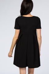 Black Short Sleeve Front Pleat Dress