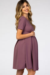 Purple Short Sleeve Front Pleat Maternity Dress