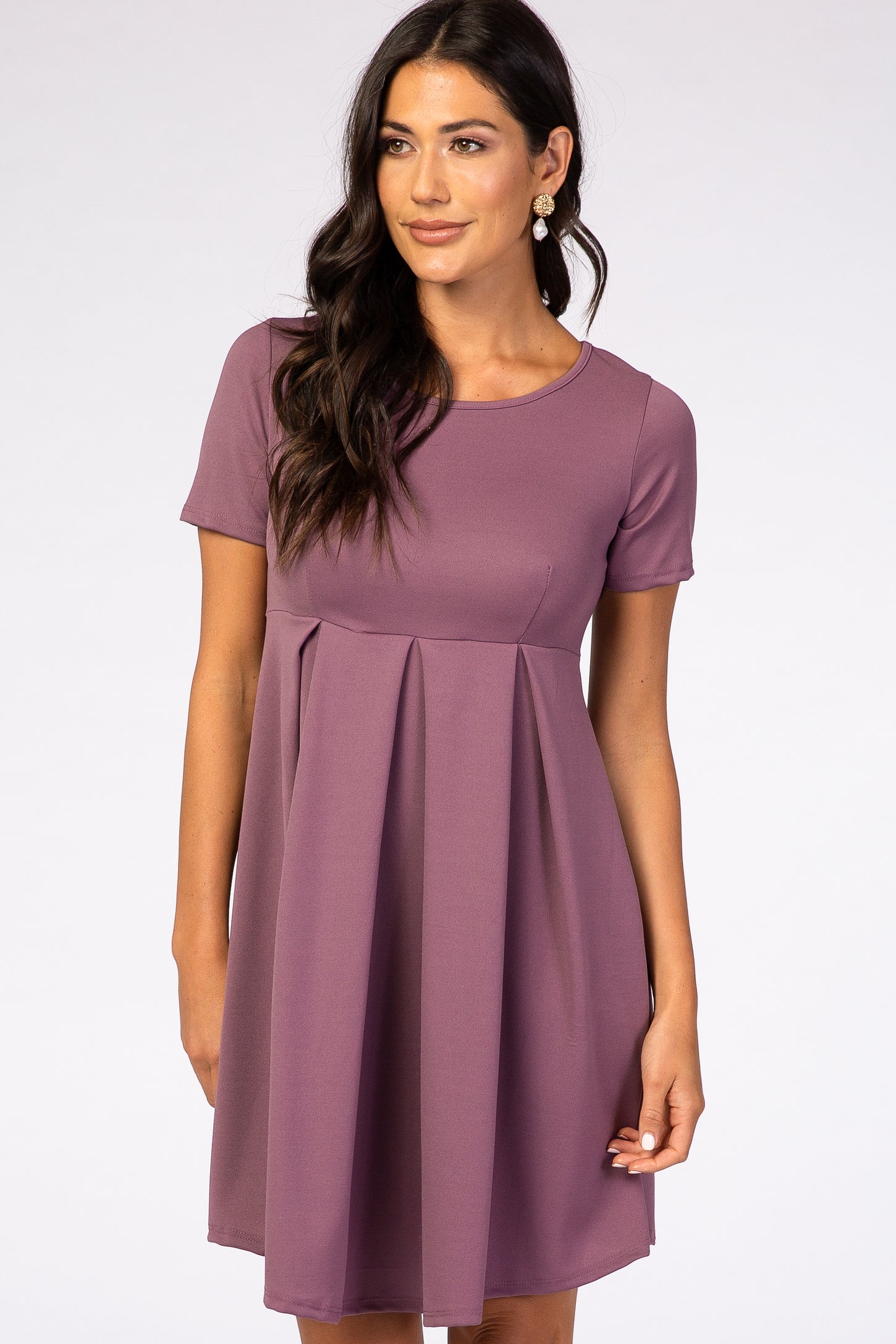 Purple Short Sleeve Front Pleat Dress