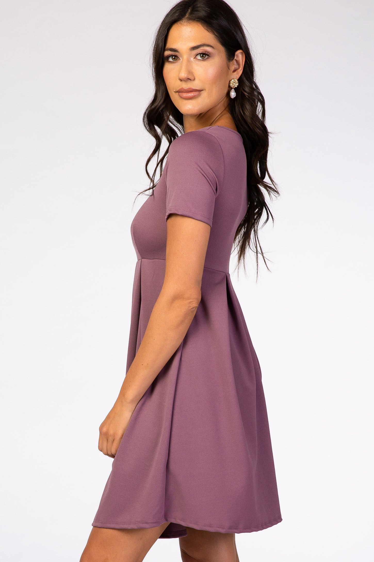 Purple Short Sleeve Front Pleat Dress