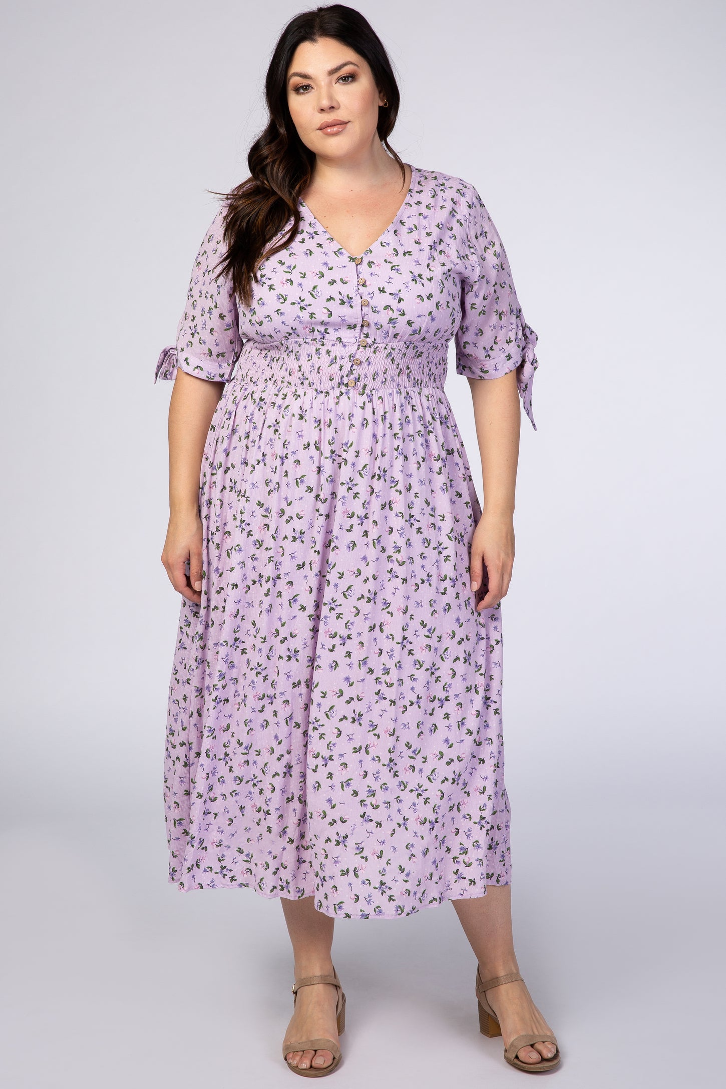 Lavender Floral Tie Sleeve Maternity Plus Midi Dress– PinkBlush