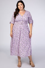 Lavender Floral Tie Sleeve Plus Midi Dress