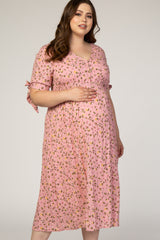 Pink Floral Tie Sleeve Maternity Plus Midi Dress