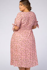 Pink Floral Tie Sleeve Plus Midi Dress