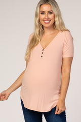 Peach Ribbed Short Sleeve Button Detail Maternity Top