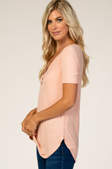 Peach Ribbed Short Sleeve Button Detail Top