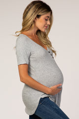 Heather Grey Ribbed Short Sleeve Button Detail Maternity Top