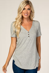 Heather Grey Ribbed Short Sleeve Button Detail Top