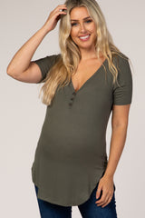 Olive Ribbed Short Sleeve Button Detail Maternity Top