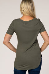 Olive Ribbed Short Sleeve Button Detail Maternity Top