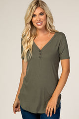 Olive Ribbed Short Sleeve Button Detail Top