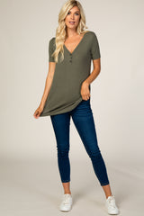 Olive Ribbed Short Sleeve Button Detail Top