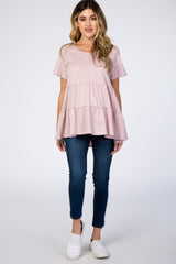Mauve Wide Neck Short Sleeve Tiered Maternity Top