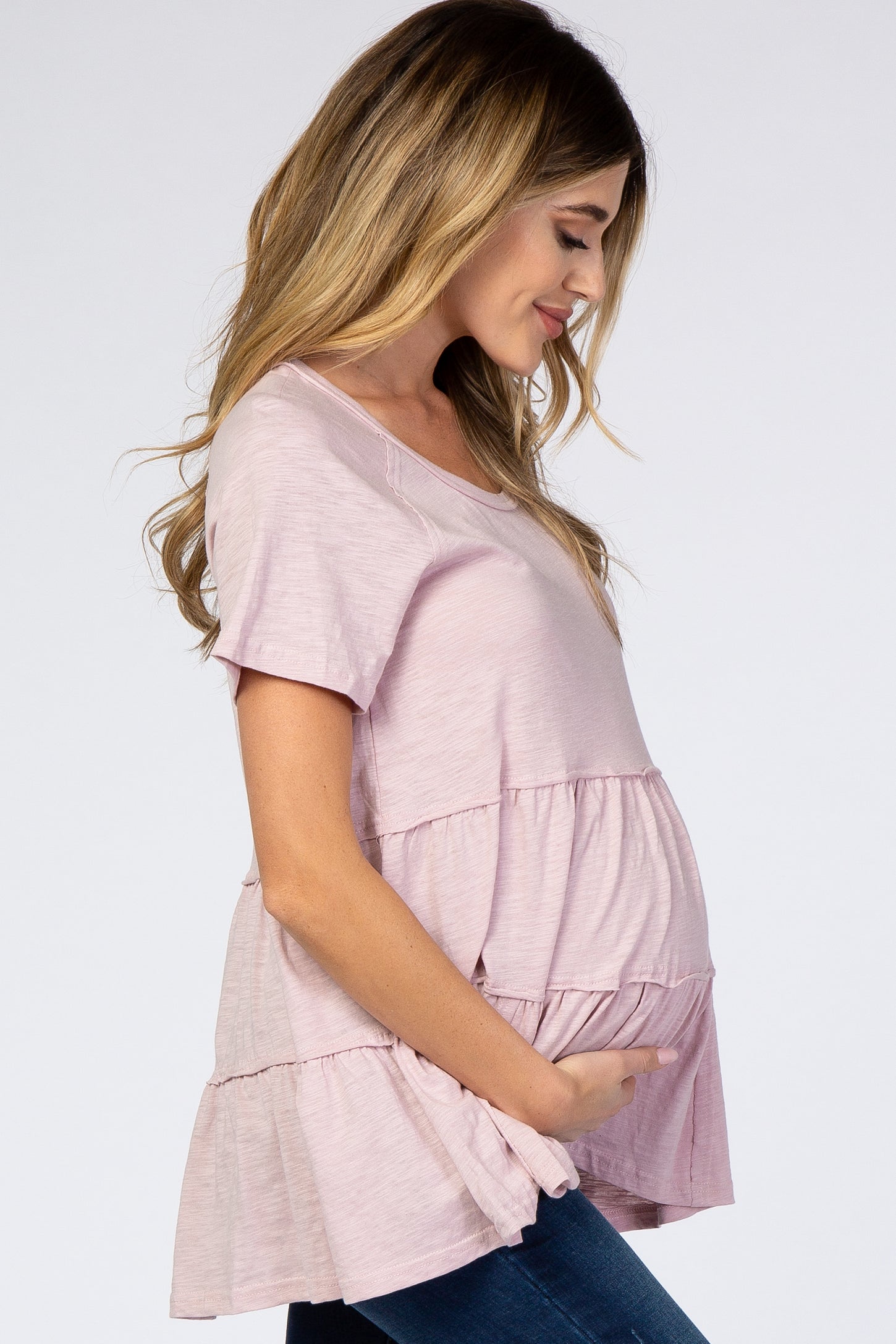 Mauve Wide Neck Short Sleeve Tiered Maternity Top