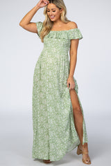Green Floral Ruffle Off Shoulder Maternity Maxi Dress