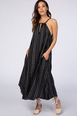 Black Vertical Striped Sleeveless High Neck Maxi Dress