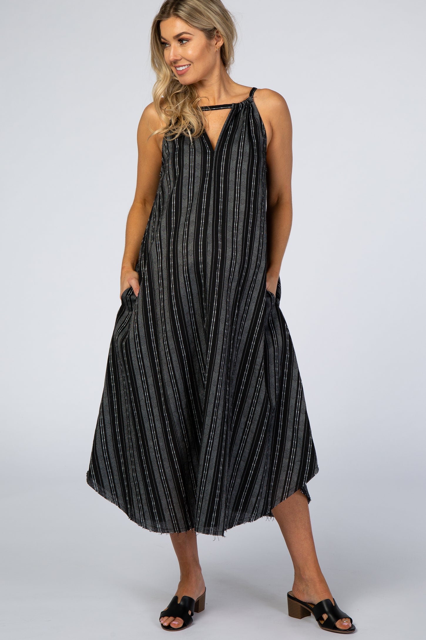 Black Vertical Striped Sleeveless High Neck Maternity Maxi Dress