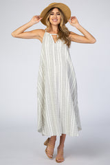 White Vertical Striped Sleeveless High Neck Maternity Maxi Dress