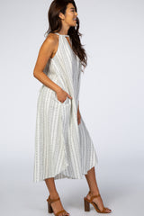 White Vertical Striped Sleeveless High Neck Maxi Dress