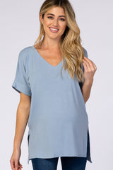 Light Blue V-Neck Cuffed Short Sleeve Maternity Top