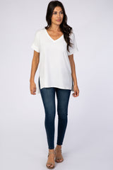White V-Neck Cuffed Short Sleeve Top