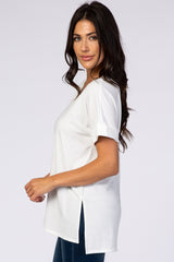 White V-Neck Cuffed Short Sleeve Top