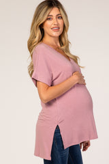 Mauve V-Neck Cuffed Short Sleeve Maternity Top