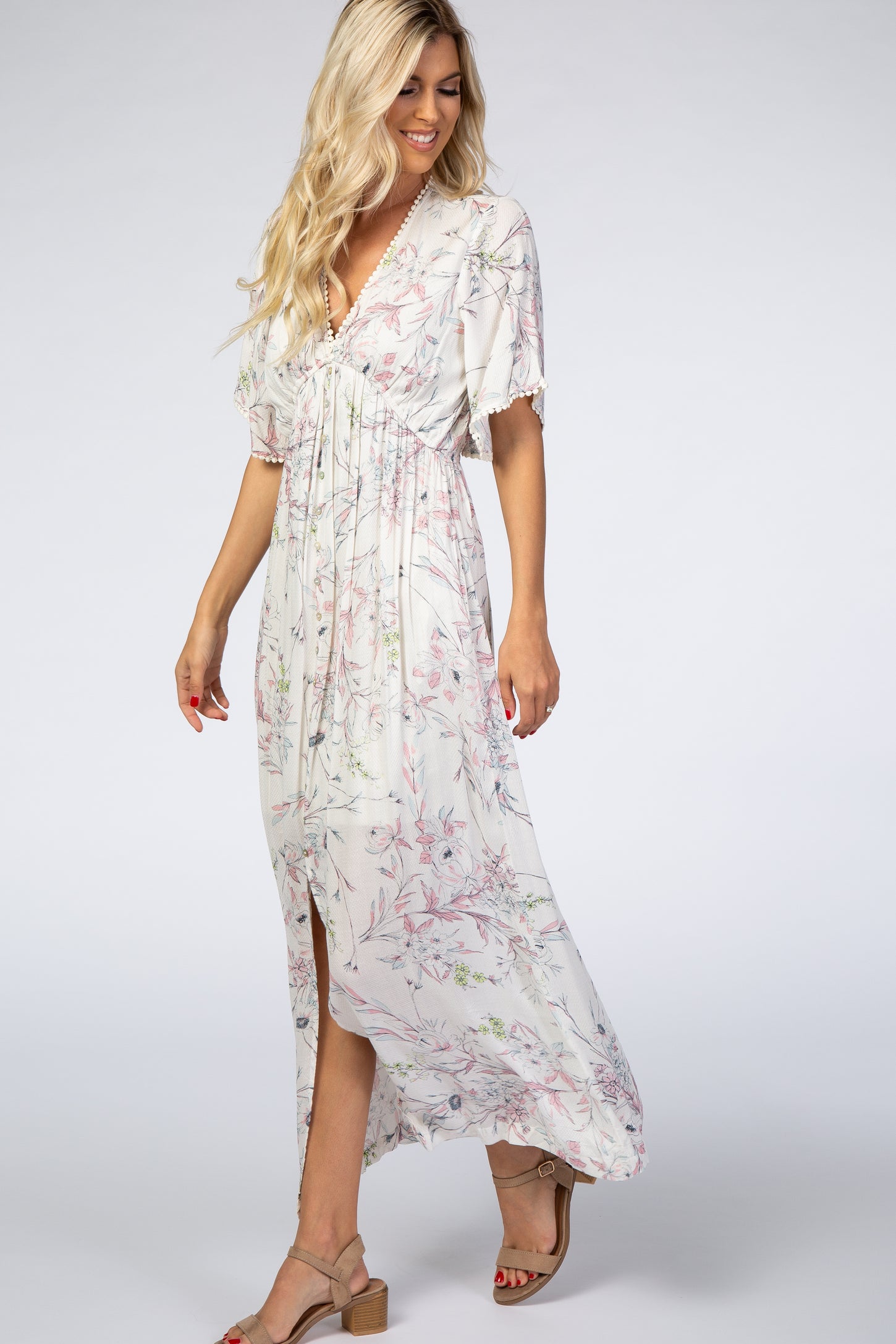 Ivory Floral Button Front Maxi Dress
