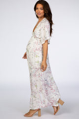 Ivory Floral Button Front Maternity Maxi Dress