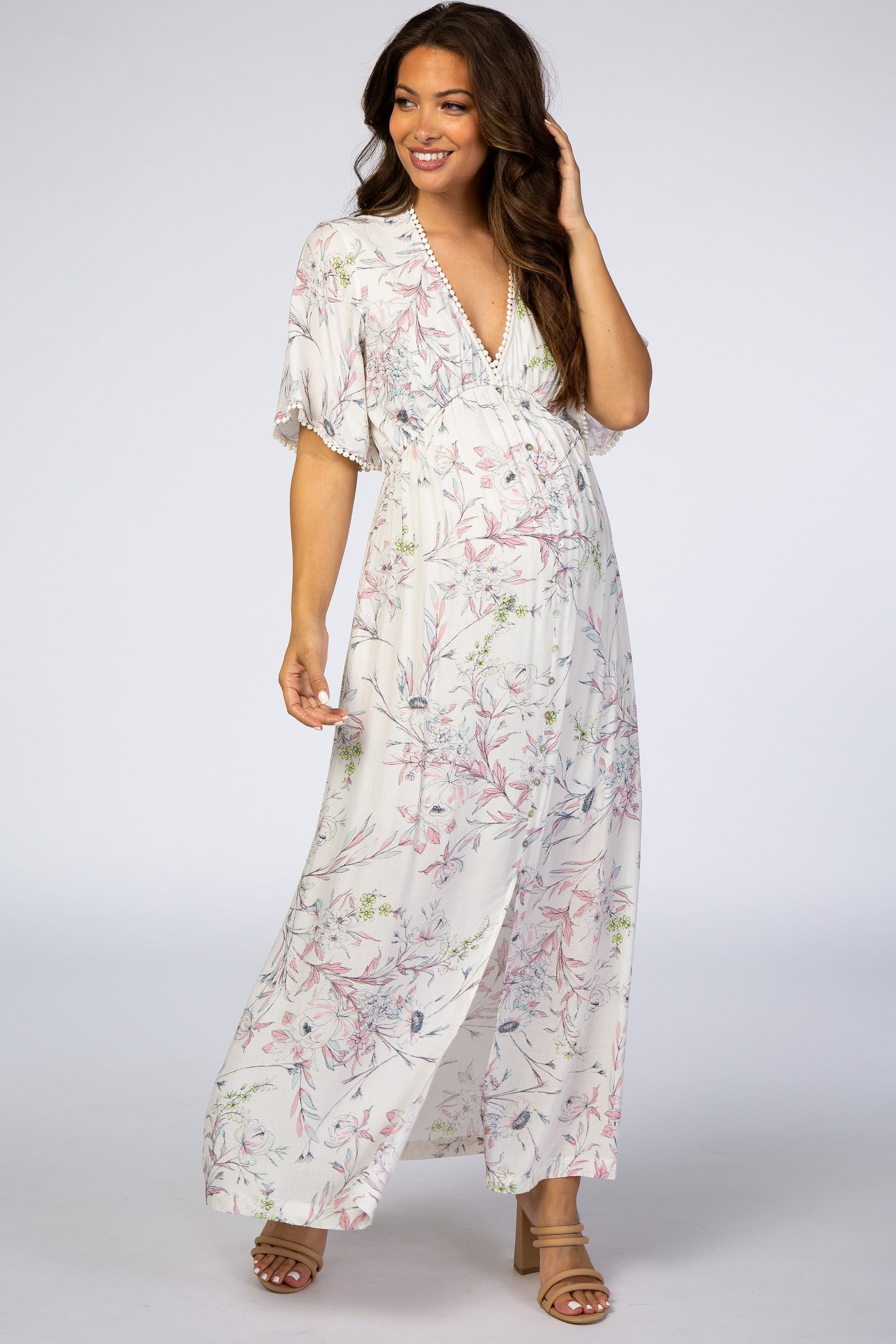 Ivory Floral Button Front Maternity Maxi Dress– PinkBlush