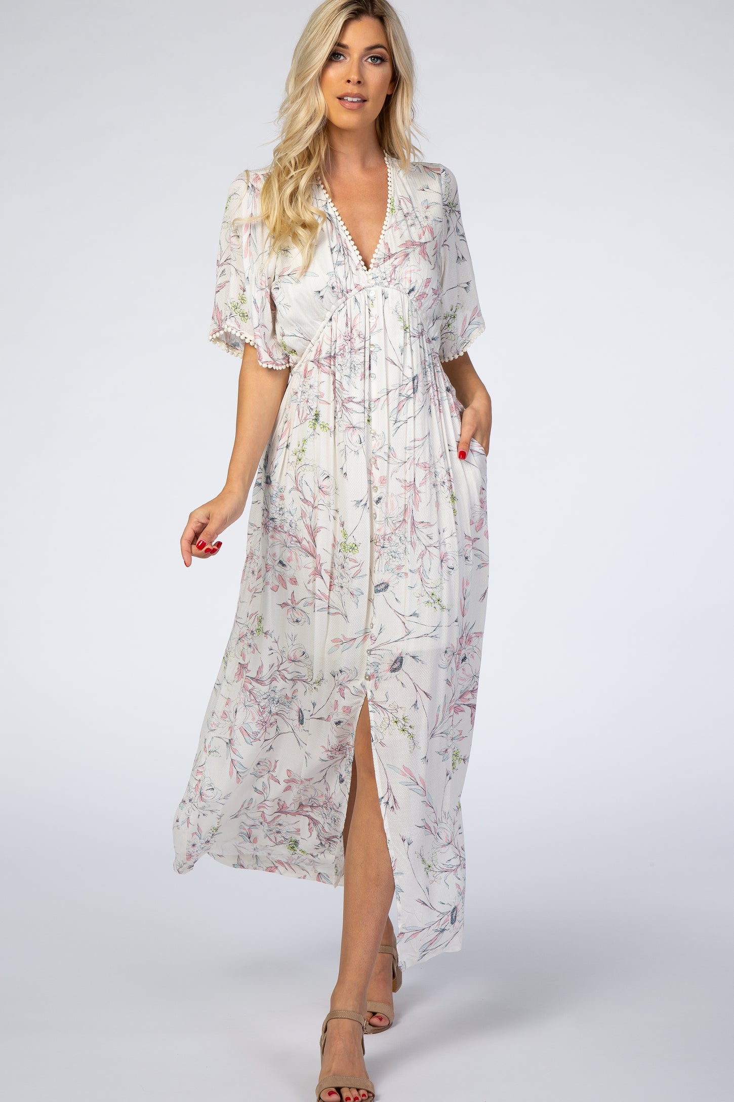 Ivory Floral Button Front Maternity Maxi Dress – PinkBlush