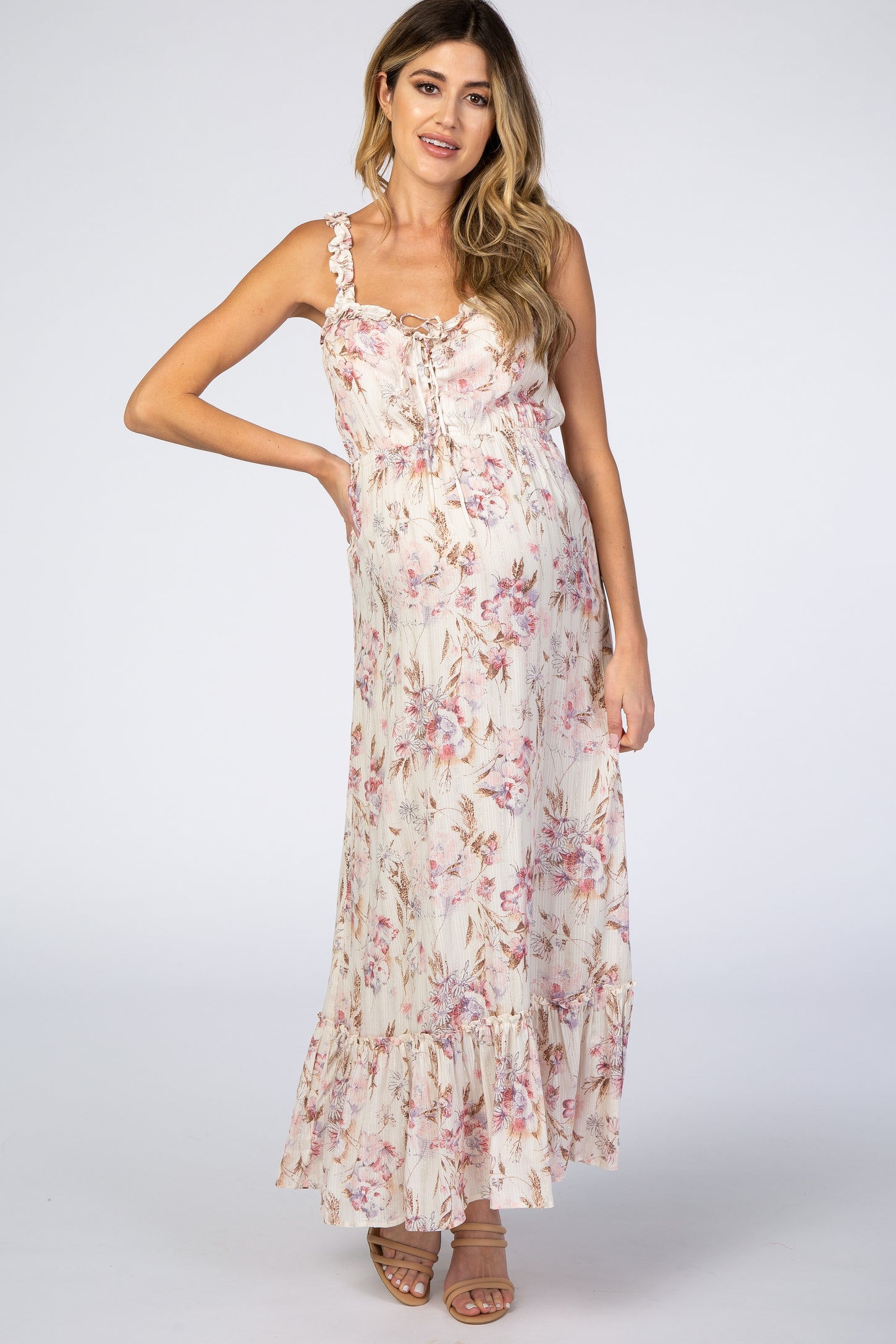 Cream Floral Shimmer Lace-Up Maternity Maxi Dress– PinkBlush