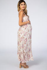 Cream Floral Shimmer Lace-Up Maternity Maxi Dress
