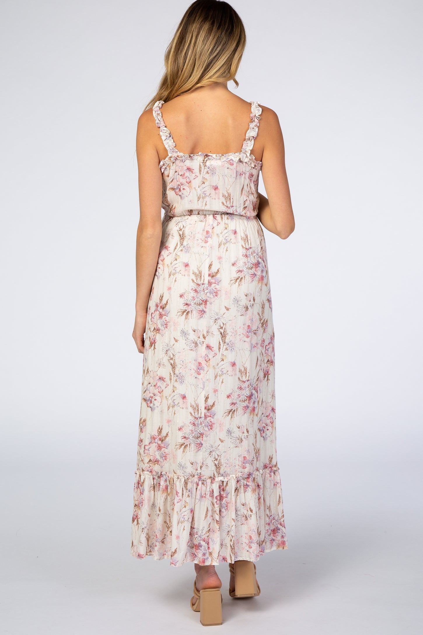 Cream Floral Shimmer Lace-Up Maternity Maxi Dress