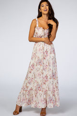 Cream Floral Shimmer Lace-Up Maxi Dress