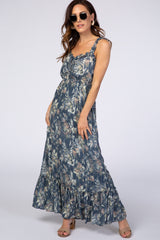 Blue Floral Shimmer Lace-Up Maternity Maxi Dress