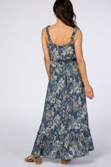 Blue Floral Shimmer Lace-Up Maxi Dress