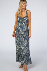 Blue Floral Shimmer Lace-Up Maternity Maxi Dress