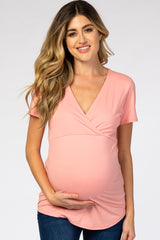 Pink Short Sleeve Wrap Maternity Nursing Top