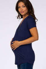 Navy Short Sleeve Wrap Maternity Nursing Top