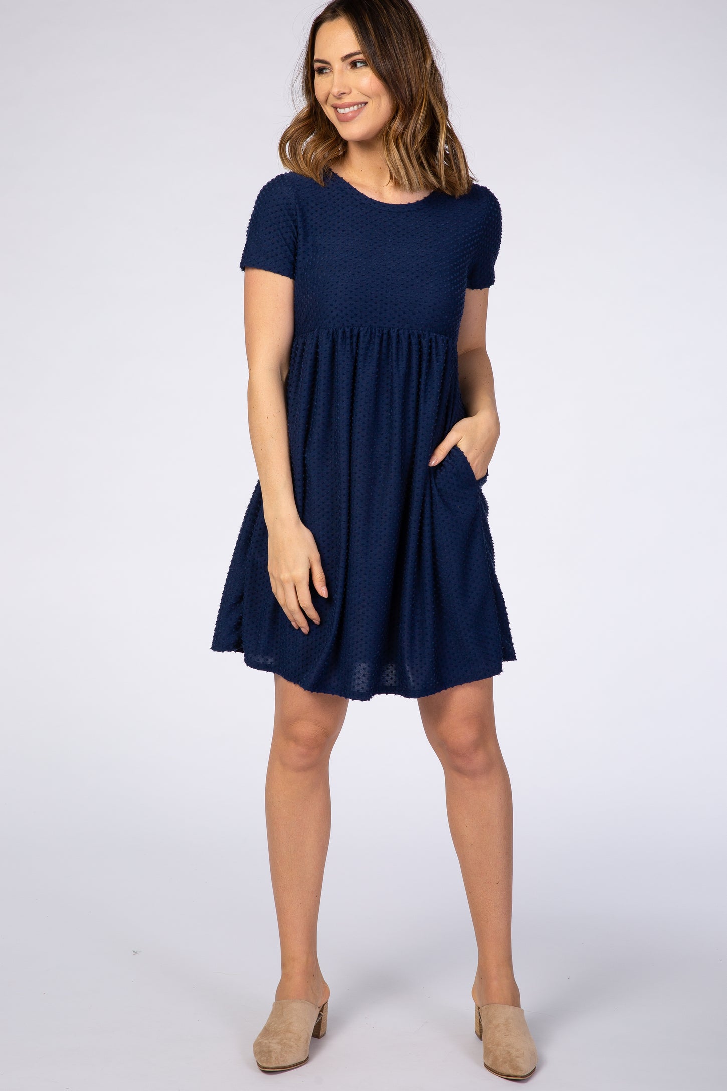 Navy Swiss Dot Short Sleeve Maternity Dress