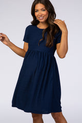 Navy Swiss Dot Short Sleeve Maternity Dress