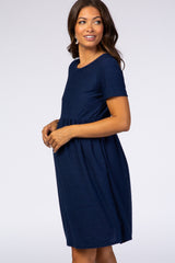 Navy Swiss Dot Short Sleeve Maternity Dress