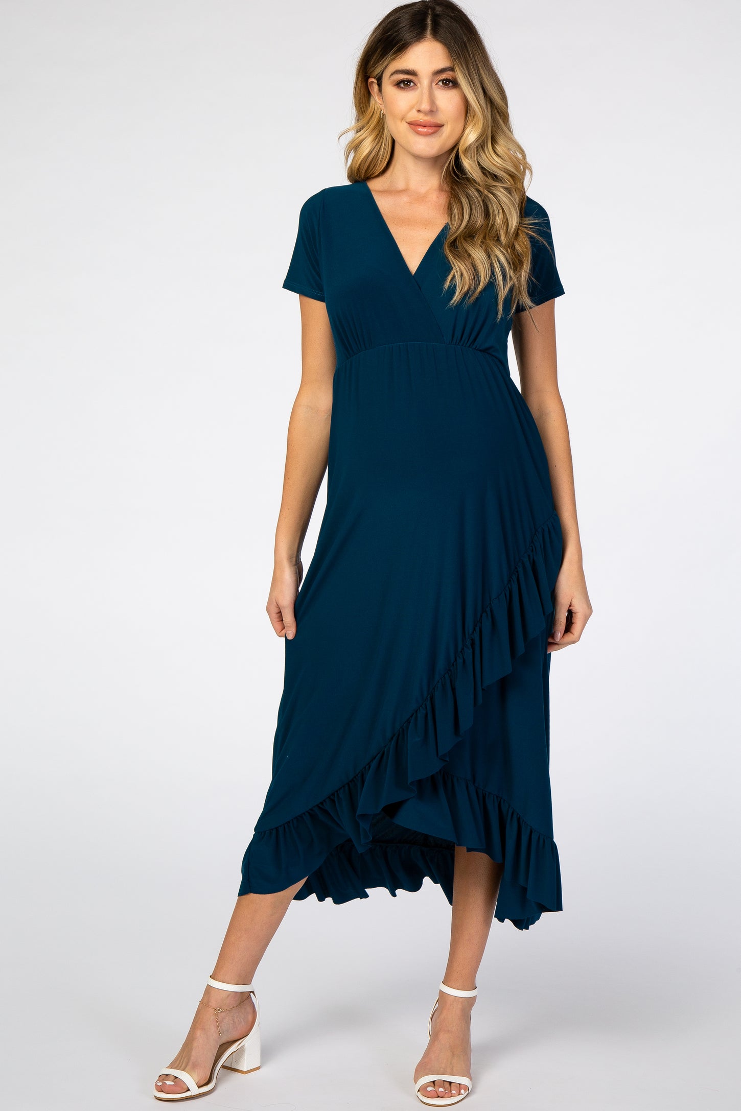 Dark Teal Ruffle Trim Hi-Low Maternity Maxi Dress– PinkBlush