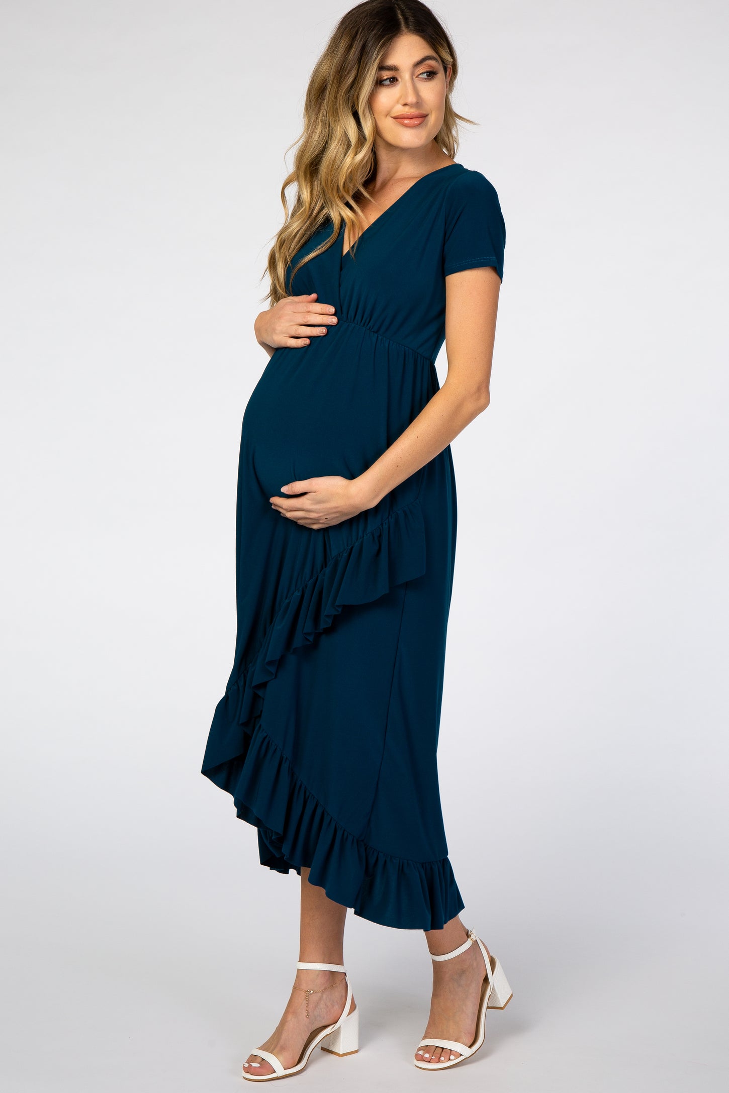 Dark Teal Ruffle Trim Hi-Low Maternity Maxi Dress