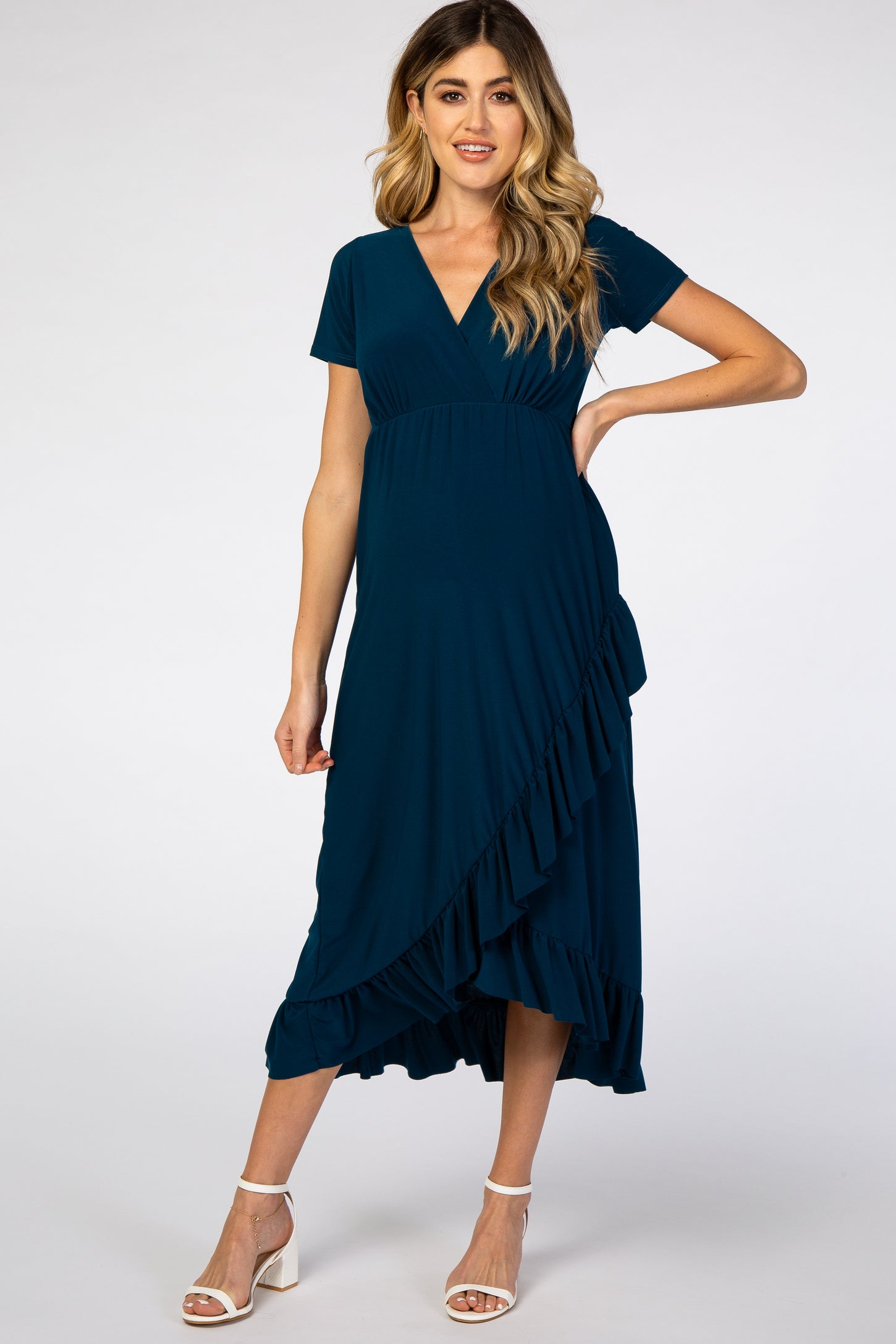 Dark Teal Ruffle Trim Hi-Low Maternity Maxi Dress– PinkBlush